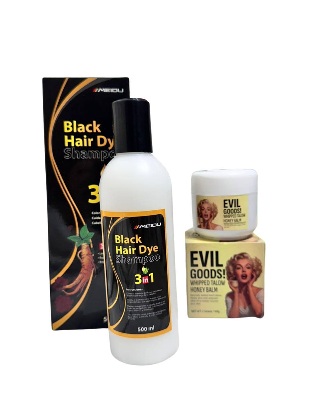 1 BLACK HAIR DYE SHAMPOO, 1 EVIL GOODS